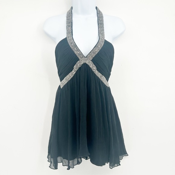 Express Tops - Express Womens Black Silk Beaded Halter Y2K Glam Cocktail Babydoll Top Size 4